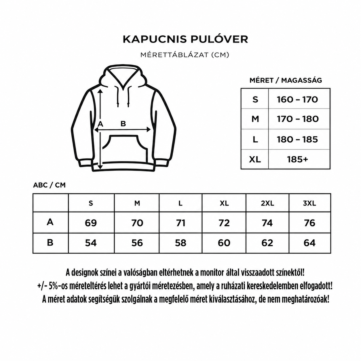 Hoodie mérettáblázat